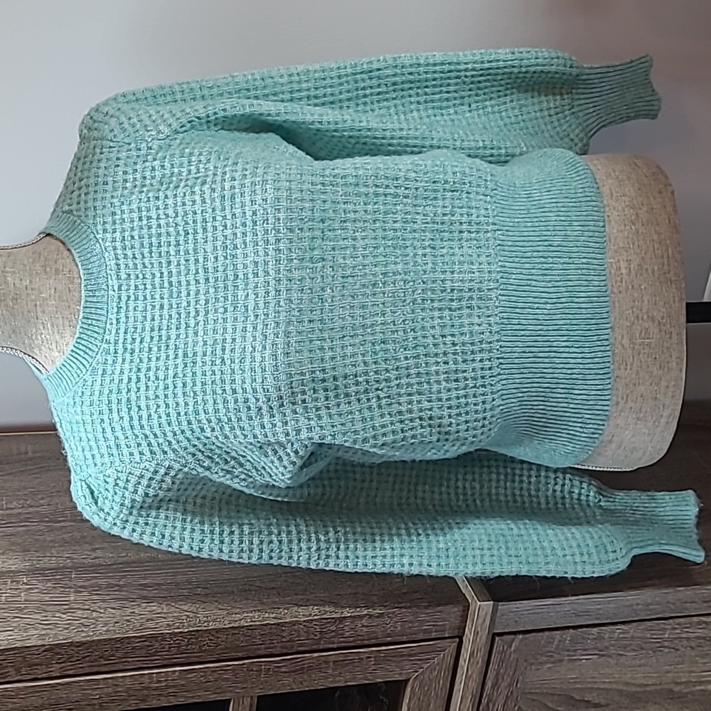 Vero Moda Puff Sleeve Waffle Knit Heathered Blue Green Sweater Size Small